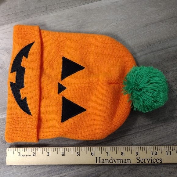 Orange pumpkin stocking cap with pom - Picture 3 of 6